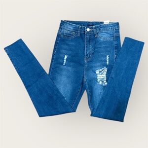 SHEIN High Rise Blue Distressed Jeans